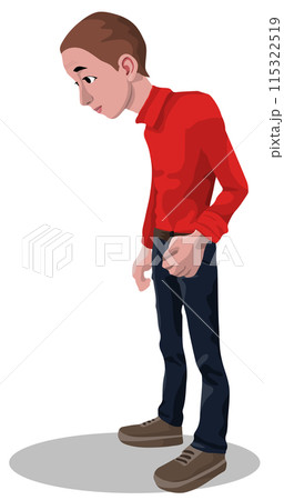Young stooping man wearing red pullover isolated on white background. Humpbacked boy has problems 115322519