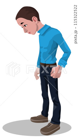 Full height standing boy looking down at his feet. Teenager looks at ground colorful flat vector Full height standing boy looking down at his feet. Teenager looks at ground colorful flat vector 115322522