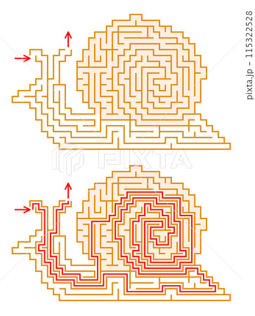 Maze in a shape of snail. Find the way through labyrinth game with solution - red passing route 115322528