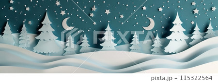 Delicate paper-cut scenes feature a snowy forest and fir trees, symbolizing New Year and Merry Christmas with their tranquil atmosphere and festive allure, banner 115322564