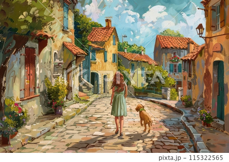 In a provincial town, a young woman and her dog take a leisurely walk, basking in the peaceful ambiance and the close-knit community feel of their surroundings In a provincial town, a young woman and her dog take a leisurely walk, basking in the peaceful ambiance and the close-knit community feel of their surroundings 115322565