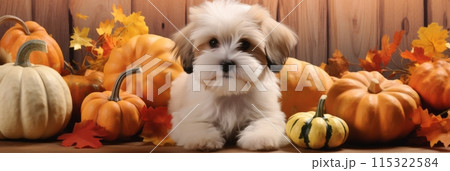 A darling puppy frolics amidst a backdrop of vibrant pumpkins, its playful energy adding to the festive ambiance of the autumn scene, banner 115322584