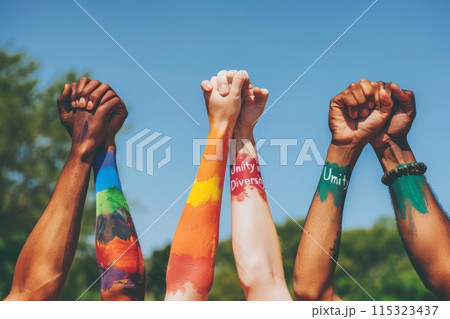 Four hands, painted in various colors, are raised in unison, showcasing a message of unity and diversity. 115323437