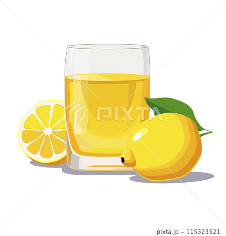 Full glass of yellow freshly squeezed lemon juice. Isolated vector summer drink for flat design 115323521