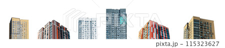 High rise residential buildings isolated on white background. Modern urban architecture for real 115323627