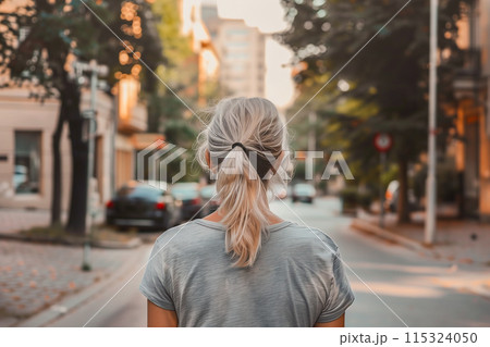 A woman gazes down an urban street, her hair in a ponytail 115324050