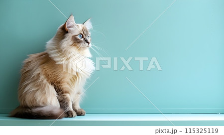 Soft and Fluffy Domestic Cat Relaxing in Teal Studio Environment 115325119