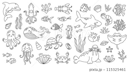 Cute sea animals characters in cartoon style. Coloring book isolated on white background. Vector illustration 115325461
