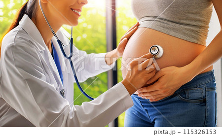 Doctor Listening Breath of Baby with Stethoscope in a Pregnant Female Abdomen - Generative Ai 115326153