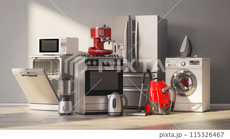 Set of home kitchen appliances in the room with sun light. 115326467