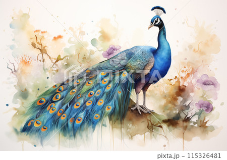 Watercolor of Peacock by Generative AI 115326481