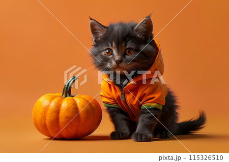 cute black kitten with pumpkin, isolated on orange background 115326510