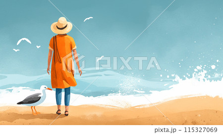 南国の海を眺める女性とカモメ