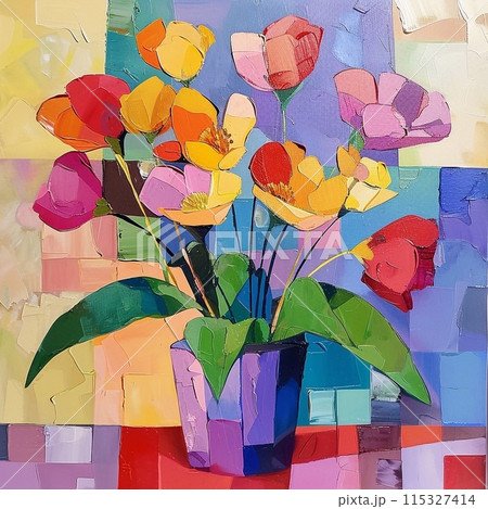 Still life, flowers painted on canvas, in the style of Cubism  115327414