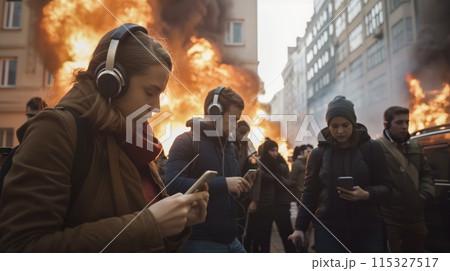 Crowd Walks Past Burning Building Crowd Walks Past Burning Building 115327517