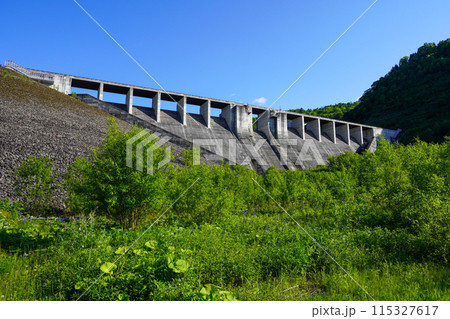 忠別ダム下流広場から見る忠別ダムの堤体（重力式コンクリートダム部分 115327617