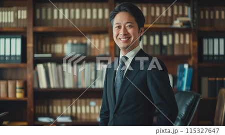 Professional Asian Businessman in Formal Suit Smiling in Office Library Setting for Corporate and Business Concepts 115327647