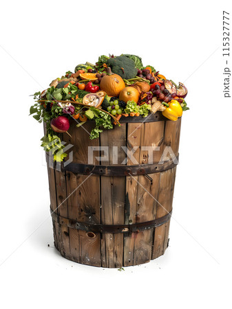 A large wooden barrel overflowing with a variety of colorful food waste. 115327777