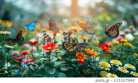 Monarch Butterflies Flying Over Colorful Flowers 115327948