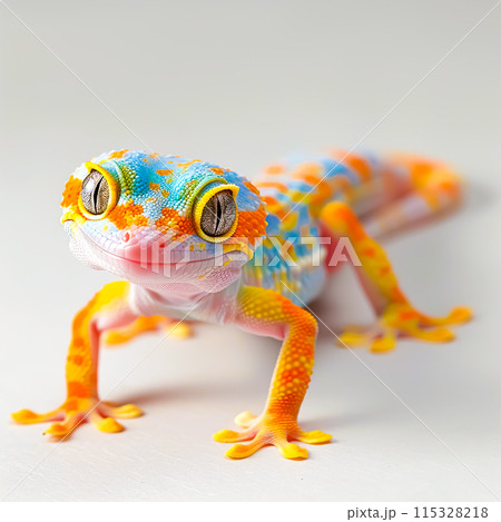 Vibrant Gecko with Distinct Markings on Clean White Surface Vibrant Gecko with Distinct Markings on Clean White Surface 115328218