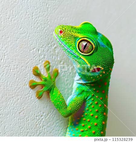 Vibrant Green Gecko with Intricate Skin Texture Clinging to White Surface in 4K Resolution 115328239