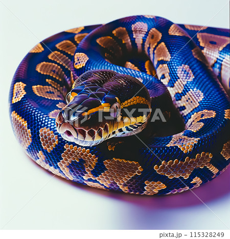Majestic Coiled Python on White Background - Serene Reptile Exotic Beauty 115328249