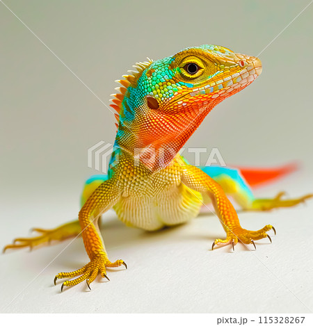 Vibrant Anole Lizard Displaying Dewlap on White Background 115328267