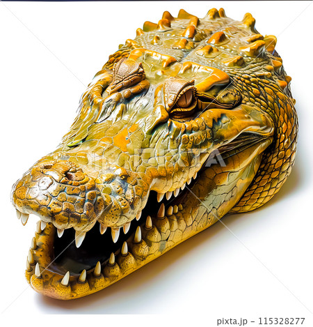 Intense Close-up of Crocodile Head with Sharp Teeth and Rough Skin on White Background 115328277
