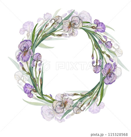Wreath of purple and white iris flowers. Watercolor illustration isolated on white background. Floral frame concept for design and print. Perfect for greeting cards, invitations, and decorations 115328568