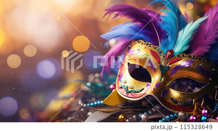 Carnival mask, colorful Mardi Gras beads and bokeh lights festive background Carnival mask, colorful Mardi Gras beads and bokeh lights festive background 115328649