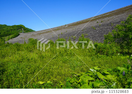 忠別ダム下流広場から見る忠別ダムの堤体（ロックフィルダム部分 115328683