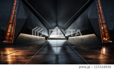 Concrete futuristic interior with a triangular window and ambient lighting 115328936