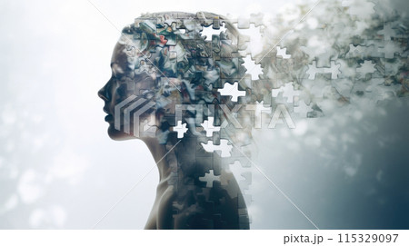 Woman profile made of jigsaw puzzle pieces, concept of mental health, disorder 115329097
