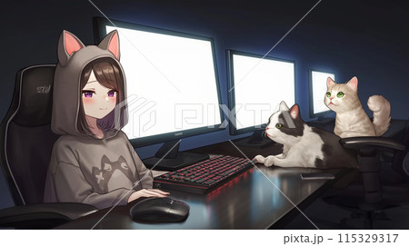 猫耳少女とPCを見つめる猫たち