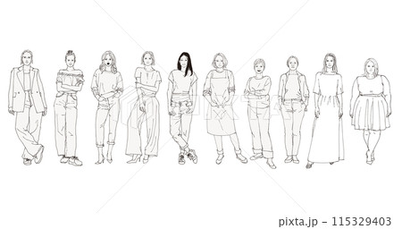 並んでいるさまざまな世代の多国籍な女性の全身イラスト 115329403