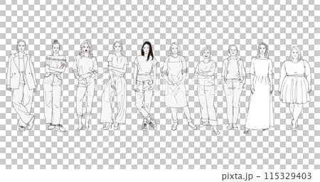 並んでいるさまざまな世代の多国籍な女性の全身イラスト 115329403