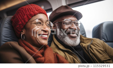 Black middle aged couple travelling by train, responsible travel concept 115329531