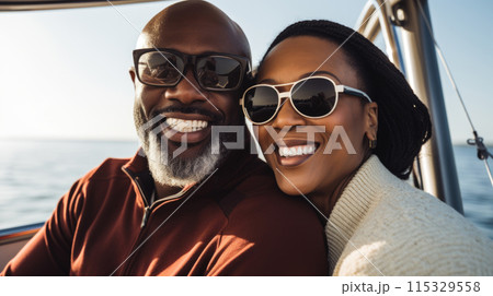 Smiling middle aged black couple enjoying leisure sailboat ride in summer 115329558