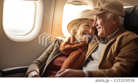 Joyful senior couple travelling by plane, holiday vacation concept 115329559