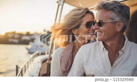 Smiling caucasian middle age couple enjoying leisure sailboat ride in summer 115329560