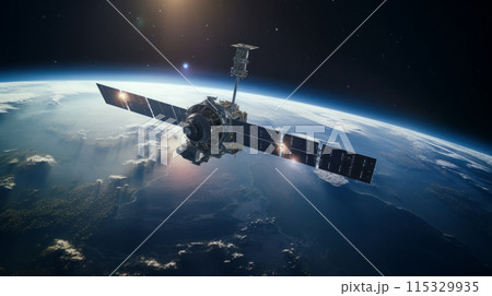 Communications satellite orbiting Earth. Satellite in space. 115329935