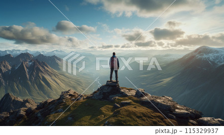 Traveler stands atop a mountain peak. 115329937