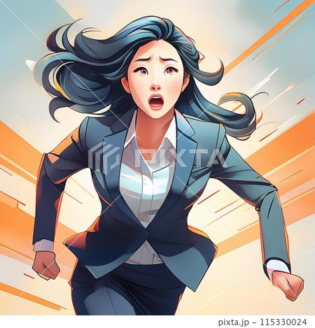 スーツ姿で全力で走る女性 必死の表情 がんばっている様子のイメージ イラスト 生成AI画像のイラスト素材 [115330024] - PIXTA
