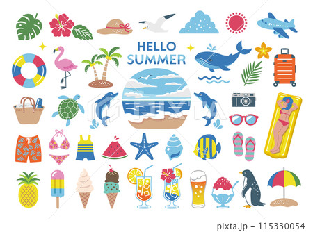 夏・海のシンプルなイラストセット　ビーチ　夏休み　旅行　南国　海水浴　飾り 115330054