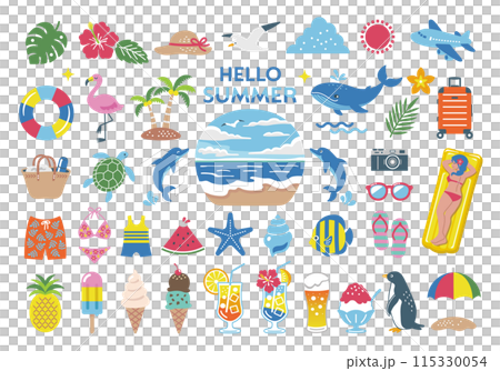 夏・海のシンプルなイラストセット　ビーチ　夏休み　旅行　南国　海水浴　飾り 115330054