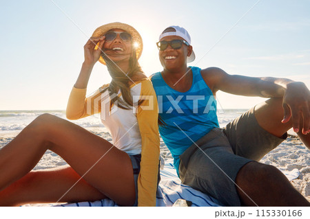 Picnic, couple and happy at beach with sunglasses, travel and relax for vacation by ocean in summer. Man, woman and smile on sand in Greece with blue sky, sun and partner on date for holiday or love Picnic, couple and happy at beach with sunglasses, travel and relax for vacation by ocean in summer. Man, woman and smile on sand in Greece with blue sky, sun and partner on date for holiday or love 115330166