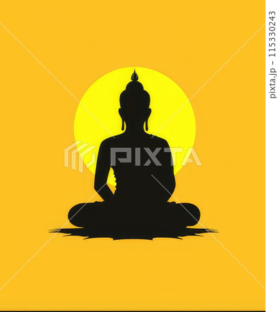 Black silhouette of Buddha in lotus position on yellow background with sun. AI-generated content. 115330243