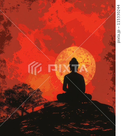 Illustration. Black silhouette of buddha in lotus position at sunrise. AI-generated content. 115330244