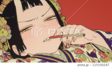 着物を着たわがままで生意気そうな女の子。背伸びしているけど煙管は逆くわえ。