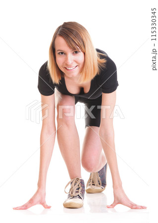 Sport Young woman doing exercise isolated on white 115330345